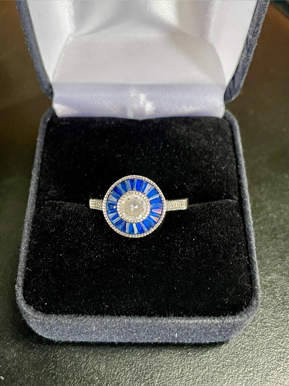 Vintage EJI 925 Sterling Silver Art Deco Target Ring Size 8 Blue Sapphire CZ